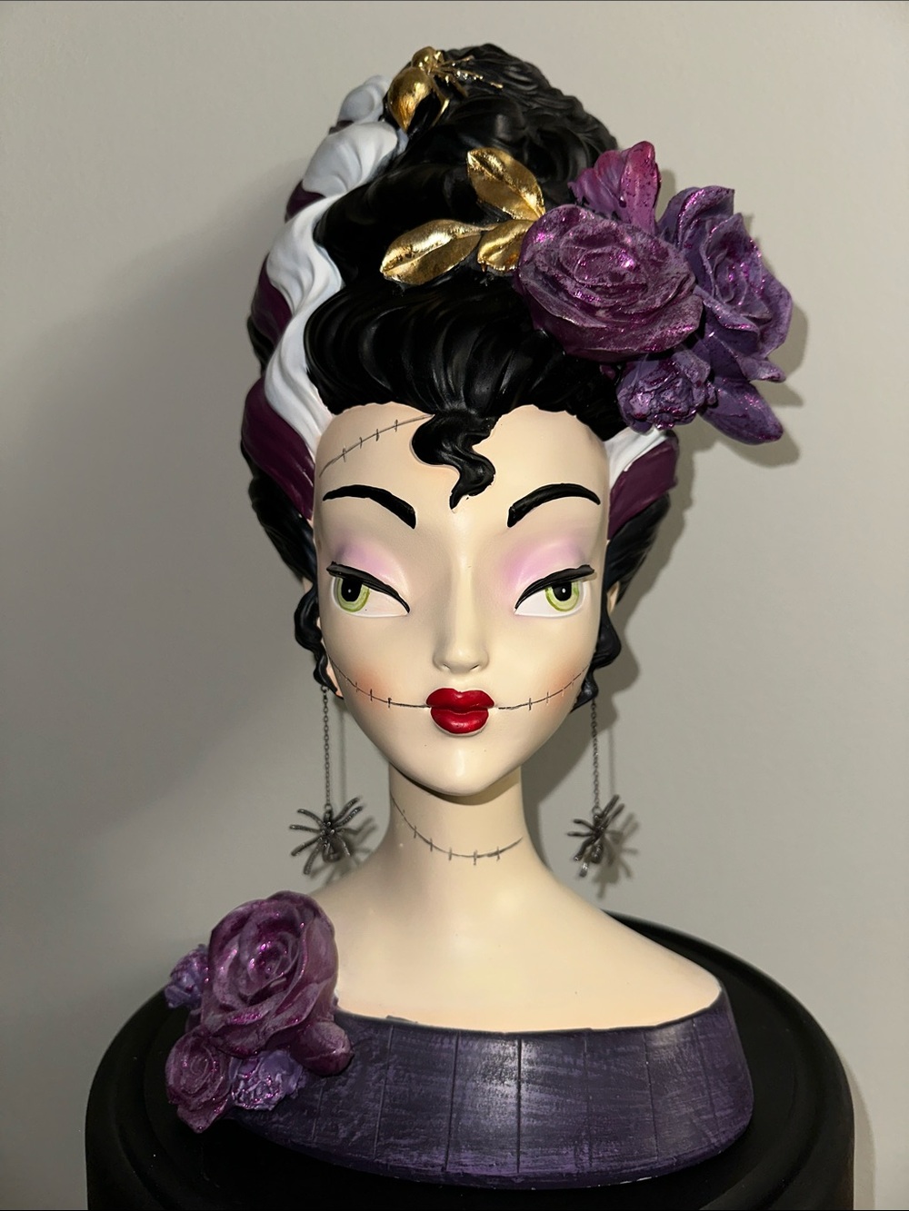 Halloween Purple Floral Accent Women's Hair Bust 
Bride of Frankenstein